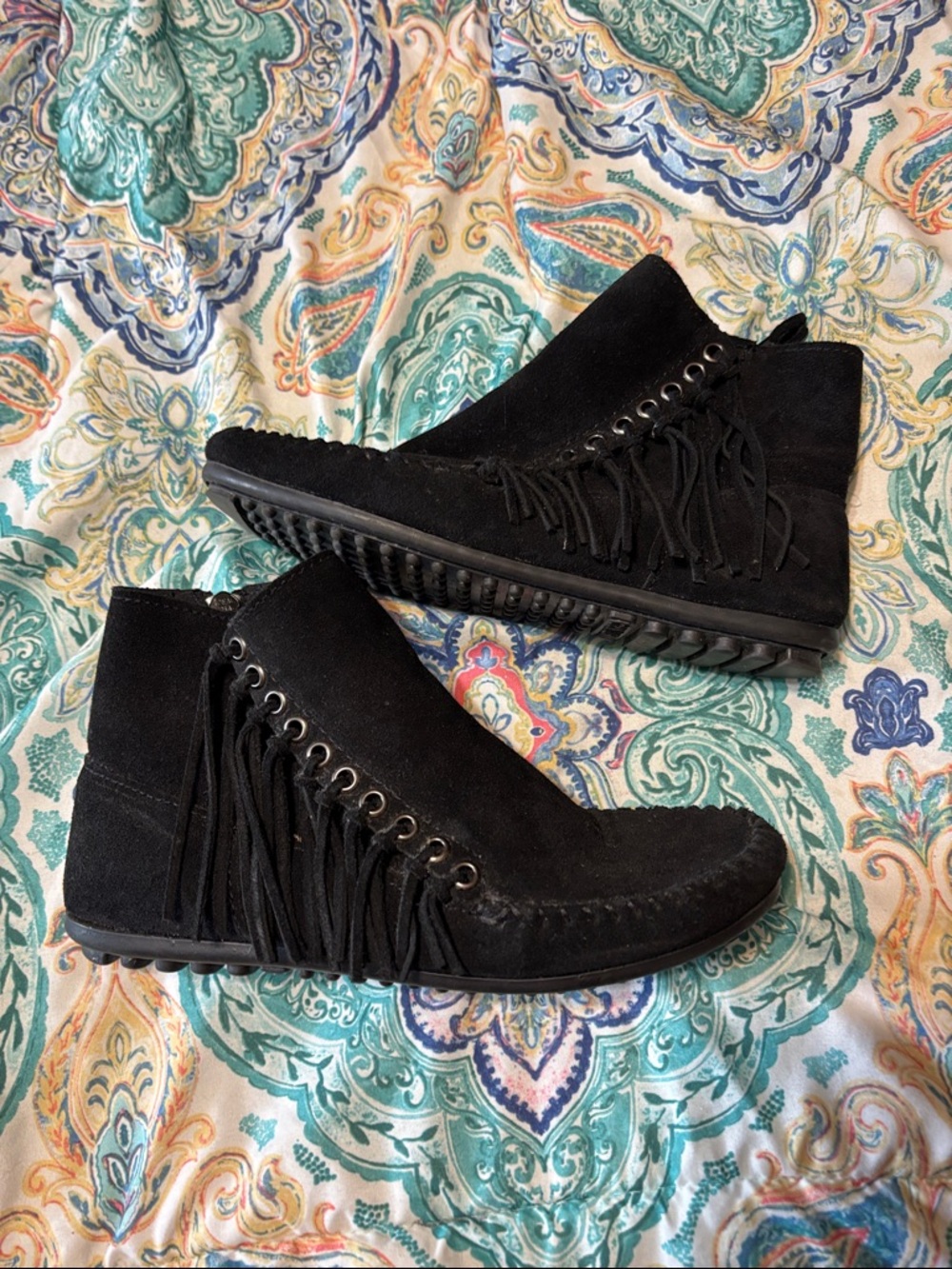 Minnetonka Black Suede Fringe Ankle Boots